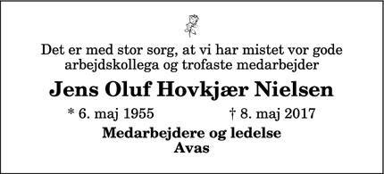 Dødsannoncen for Jens Oluf Hovkjær Nielsen - Ullits