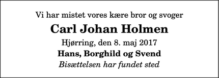 Dødsannoncen for Carl Johan Holmen - Hjørring