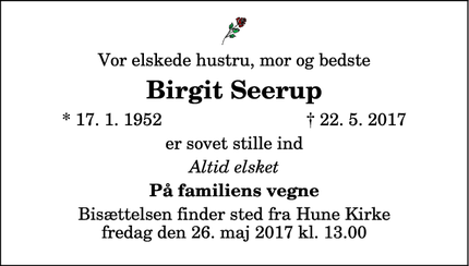Dødsannoncen for Birgit Seerup - Blokhus