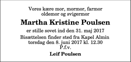Dødsannoncen for Martha Kristine Poulsen - Aalborg