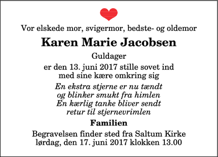 Dødsannoncen for Karen Marie Jacobsen - Saltum