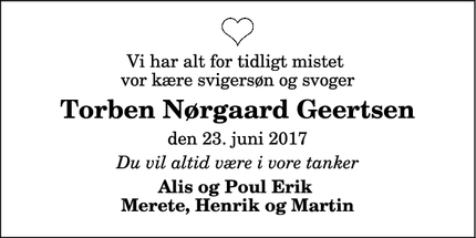 Dødsannoncen for Torben Nørgaard Geertsen - Fjerritslev