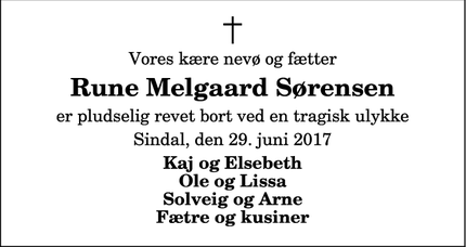 Dødsannoncen for Rune Melgaard Sørensen - Sindal