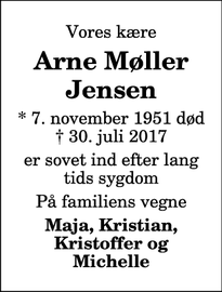 Dødsannoncen for Arne Møller Jensen - Nørresundby