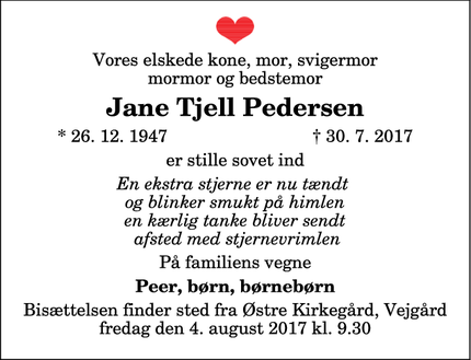 Dødsannoncen for Jane Tjell Pedersen - Aalborg