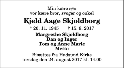 Dødsannoncen for Kjeld Aage Skjoldborg - Hadsund