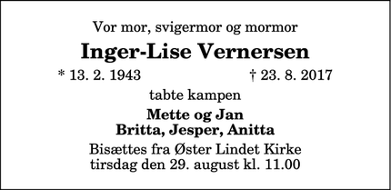 Dødsannoncen for Inger-Lise Vernersen - Ø. Lindet