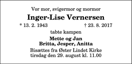 Dødsannoncen for Inger-Lise Vernersen - Ø. Lindet