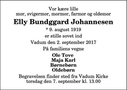 Dødsannoncen for Elly Bundggard Johannesen - Vadum