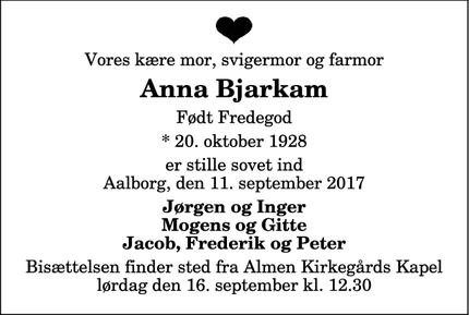Dødsannoncen for Anna Bjarkam - Aalborg