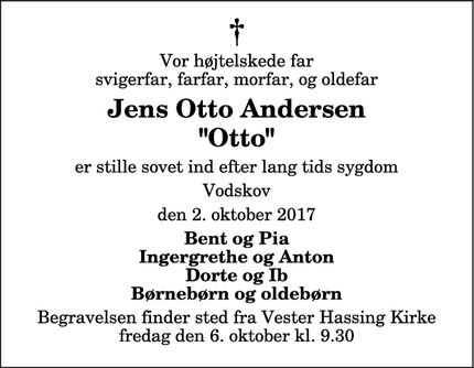Dødsannoncen for Jens Otto Andersen
"Otto" - Vester Hassing
