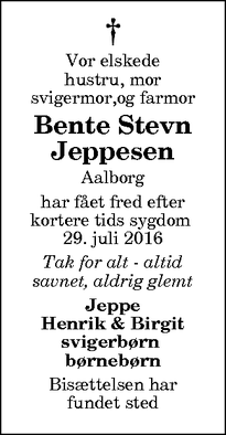 Dødsannoncen for Bente Stevn Jeppesen - Aalborg