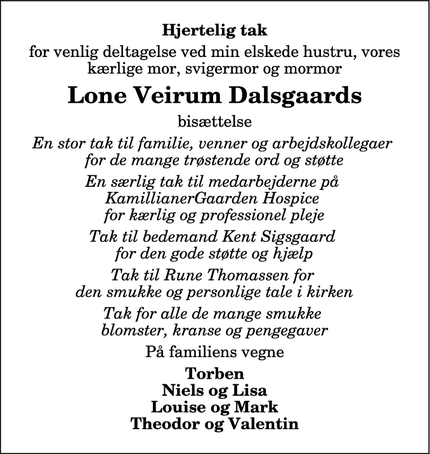 Taksigelsen for Lone Veirum Dalsgaards - Dronninglund