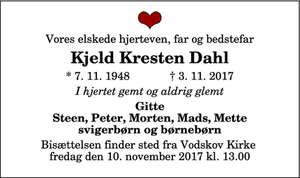 Dødsannoncen for Kjeld Kresten Dahl - Nibe