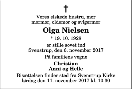 Dødsannoncen for Olga Nielsen - Svenstrup J