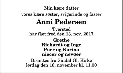Dødsannoncen for Anni Pedersen - Tversted