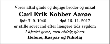 Dødsannoncen for Carl Erik Kobber Aarøe - Frederikshavn