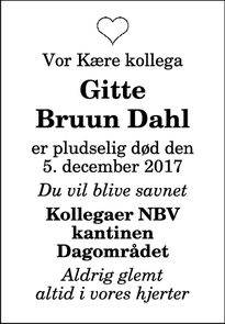 Dødsannoncen for Gitte
Bruun Dahl - Hjørring