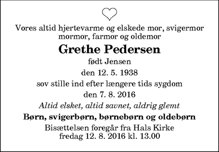 Dødsannoncen for Grethe Pedersen - Hals