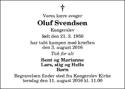 Dødsannoncen for Oluf Svendsen - Kongerslev