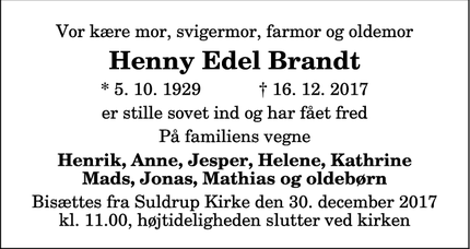 Dødsannoncen for Henny Edel Brandt - Aalborg