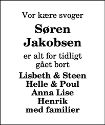 Dødsannoncen for Søren
Jakobsen - Hjørring