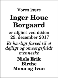 Dødsannoncen for Inger Houe Borgaard - Thisted
