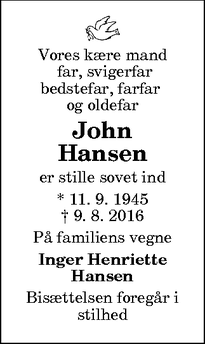 Dødsannoncen for John Hansen - Aalborg