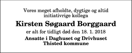 Dødsannoncen for Kirsten Søgaard Borggaard - Thisted