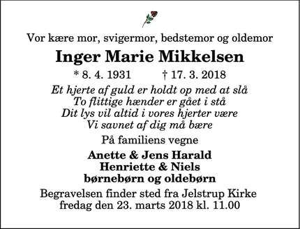 Dødsannoncen for Inger Marie Mikkelsen - Løkken