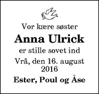 Dødsannoncen for Anna Ulrick - Vrå, Danmark