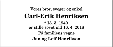 Dødsannoncen for Carl-Erik Henriksen - Vælg...