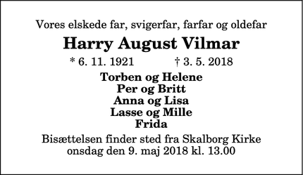 Dødsannoncen for Harry August Vilmar - Aalborg