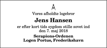 Dødsannoncen for Jens Hansen - Frederikshavn