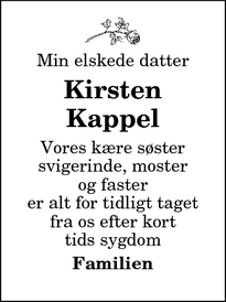 Dødsannoncen for Kirsten Kappel - Løgstør