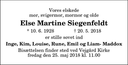 Dødsannoncen for Else Martine Siegenfeldt - Aalborg