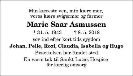 Dødsannoncen for Marie Saar Asmussen - Aalborg, Denmark
