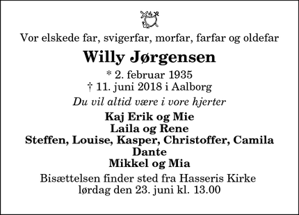 Dødsannoncen for Willy Jørgensen - Aalborg