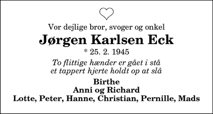 Dødsannoncen for Jørgen Karlsen Eck - Volsted     Ålborg