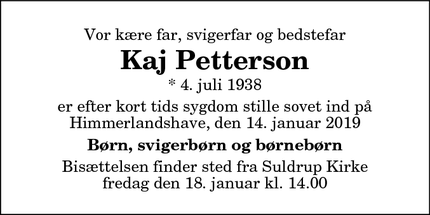 Dødsannoncen for Kaj Petterson - Suldrup