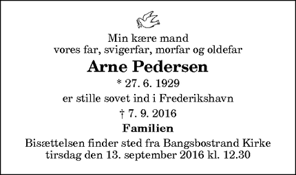 Dødsannoncen for Arne Pedersen - Frederikshavn