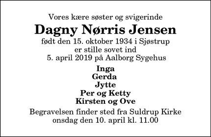 Dødsannoncen for Dagny Nørris Jensen - Suldrup