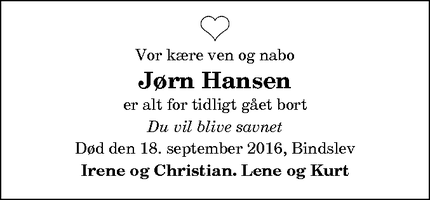 Dødsannoncen for Jørn Hansen  - Bindslev