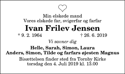 Dødsannoncen for Ivan Frilev Jensen - Hirtshals 