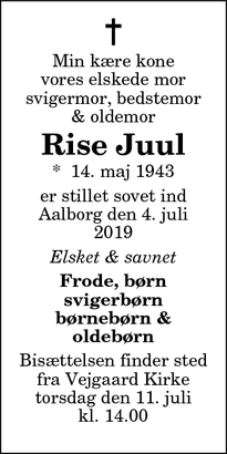 Dødsannoncen for Rise Juul - Aalborg