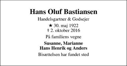 Dødsannoncen for Hans Oluf Bastiansen  - Nykøbing Sjælland