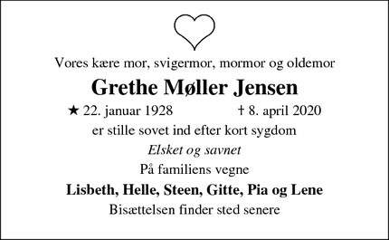 Dødsannoncen for Grethe Møller Jensen - Nykøbing Sj