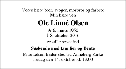 Dødsannoncen for Ole Linné Olsen - Nykøbing Sjælland