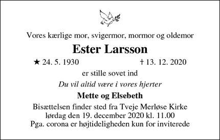 Dødsannoncen for Ester Larsson - Holbæk