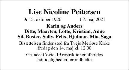 Dødsannoncen for Lise Nicoline Peitersen - KØBENHAVN N